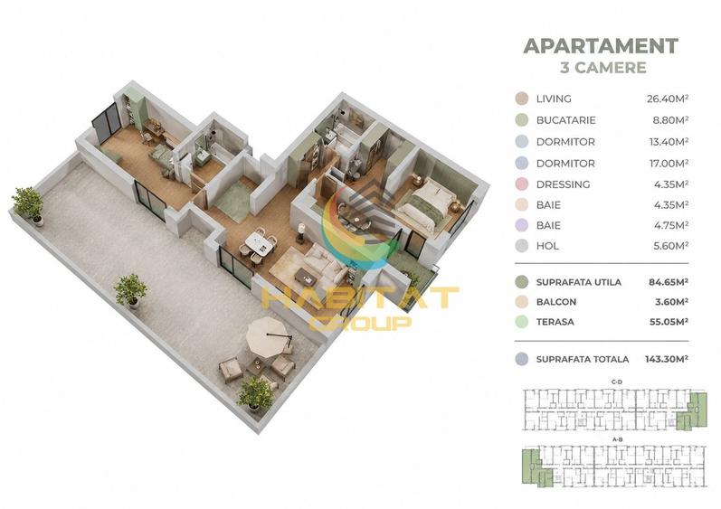 Apartament cu 3 camere decomandat în Central