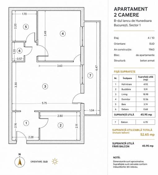 Apartament cu 2 camere nedecomandat în P-ța Victoriei