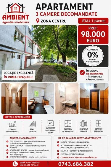 Apartament cu 3 camere decomandat în Central
