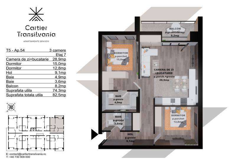 Apartament cu 3 camere decomandat în Noua