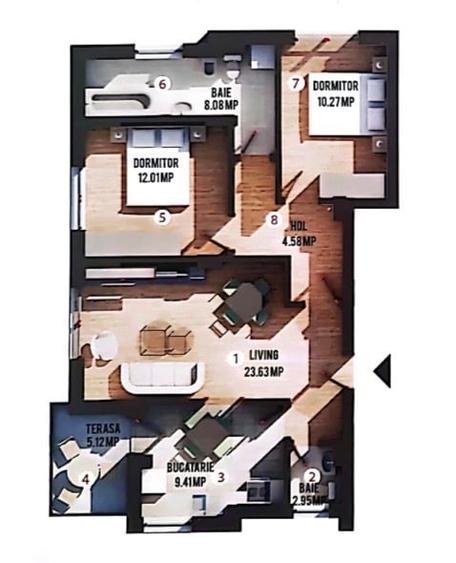 Apartament cu 3 camere decomandat, mobilat în Central