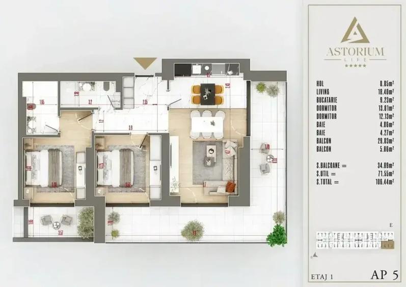 Apartament cu 3 camere decomandat în Titan