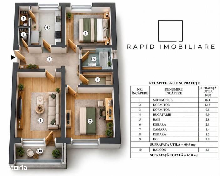 Apartament cu 3 camere decomandat în Mazepa 1