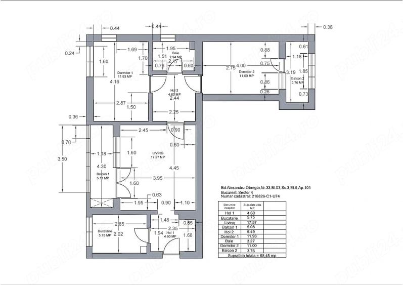 Apartament cu 3 camere semidecomandat în Central
