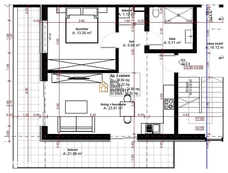 Apartament cu 2 camere în Oncea