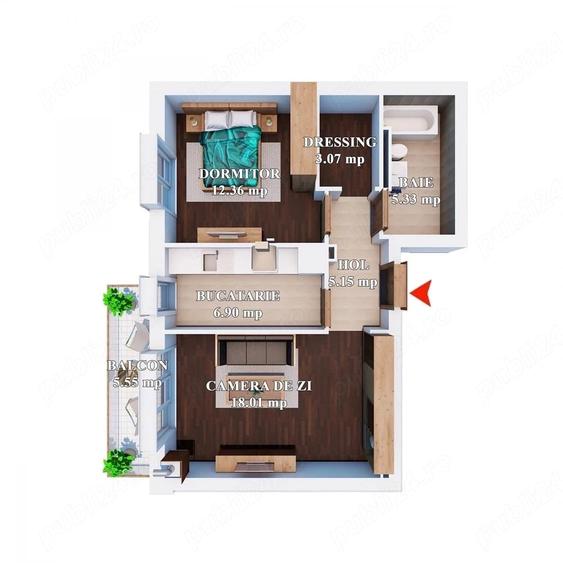 Apartament cu 2 camere decomandat în Tunari