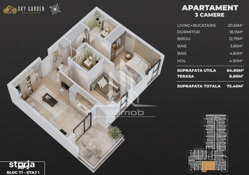 Apartament 3 camere open space 2 bai Sky Garden. - 9