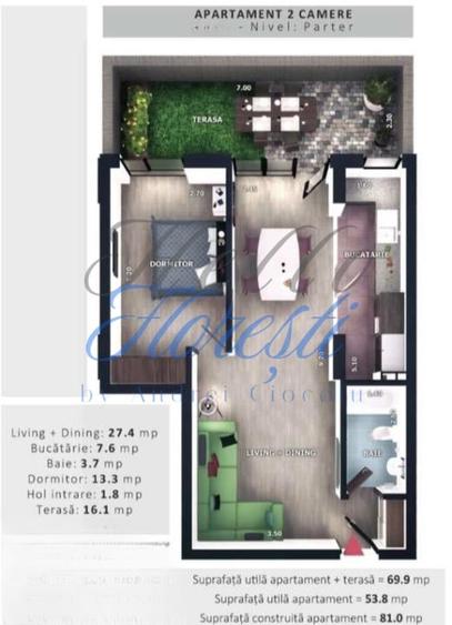 Apartament 2 camere, 53,8mp| Terasa 16,1 mp | Zona Vivo | Floresti | - 2