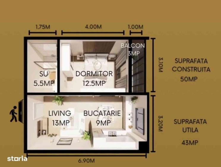 Apartament cu 2 camere în Mioriței