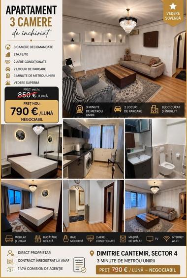 Apartament cu 3 camere semidecomandat în Unirii