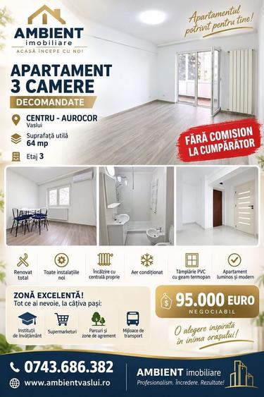 Apartament cu 3 camere decomandat în Central