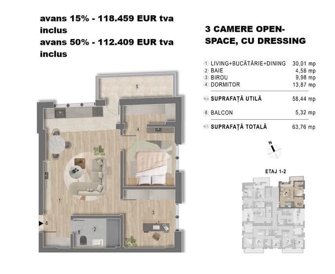 Apartament cu 3 camere în Central