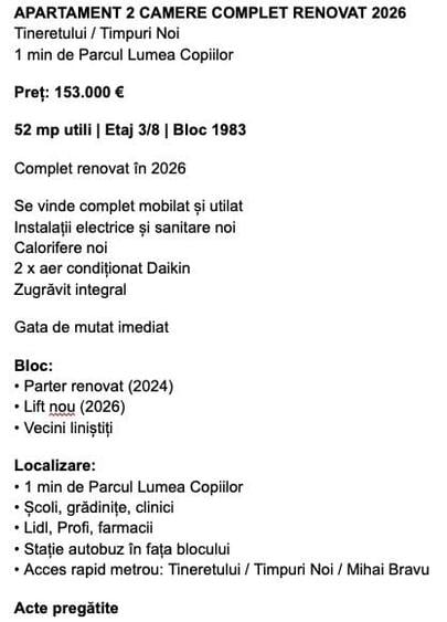 Apartament cu 2 camere decomandat în Tineretului