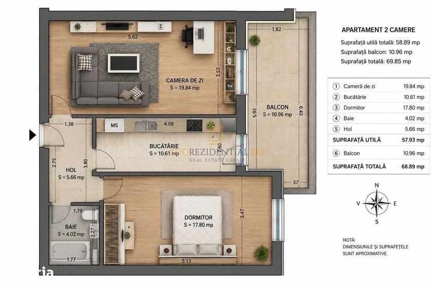 Apartament cu 2 camere decomandat în Sud