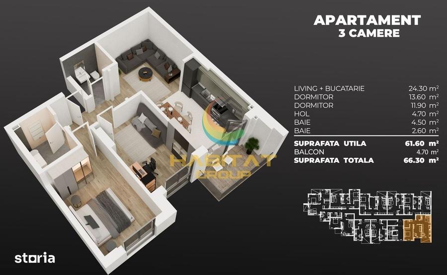 Apartament cu 3 camere în Berceni