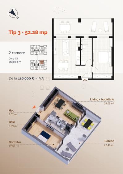 Twin Residence – ansamblu finalizat, mutare imediată - 2 camere TIP 3 - 17