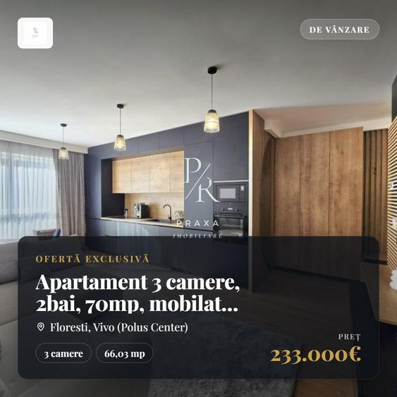 Apartament cu 3 camere semidecomandat, mobilat în Florești