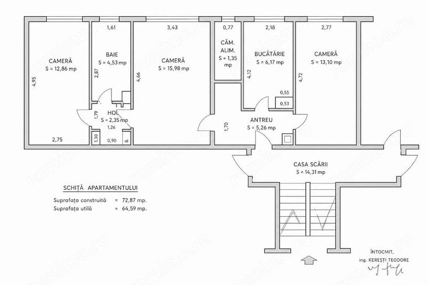 Apartament cu 3 camere semidecomandat în Central
