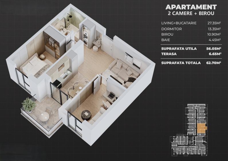Apartament cu 3 camere decomandat în Popești-Leordeni