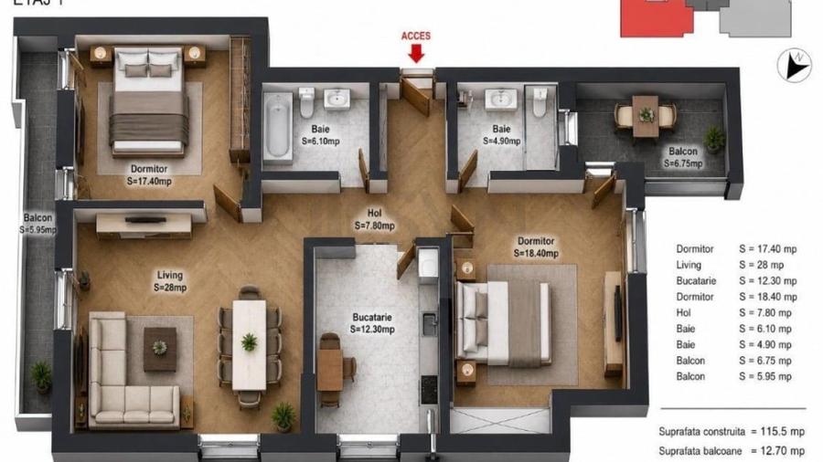 Apartament cu 3 camere decomandat în Sisești