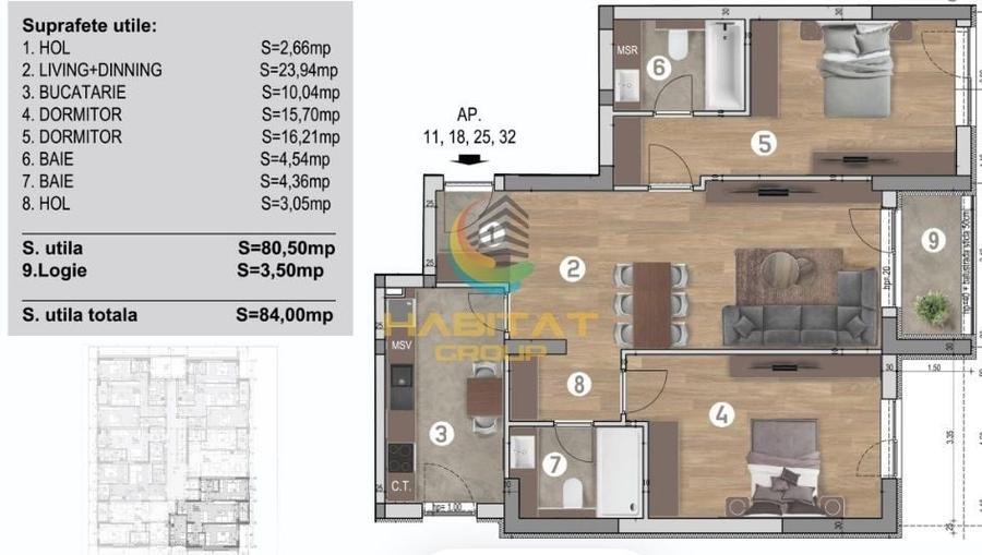 Apartament cu 3 camere semidecomandat în Brâncoveanu