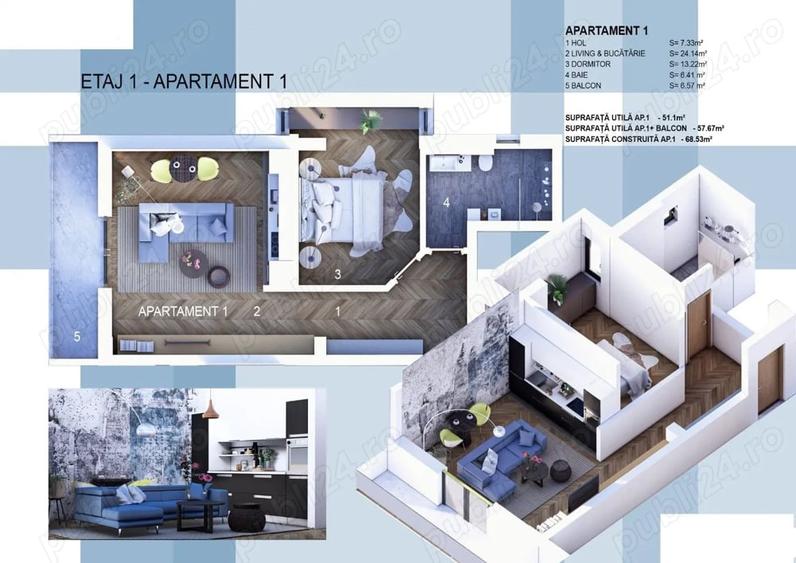 Apartament cu 2 camere decomandat în Kamsas