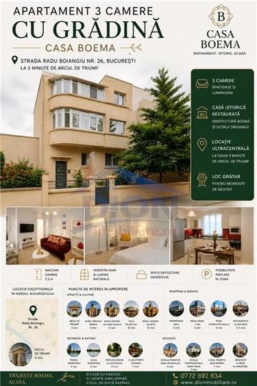 Apartament cu 3 camere decomandat, mobilat în Arcul de Triumf