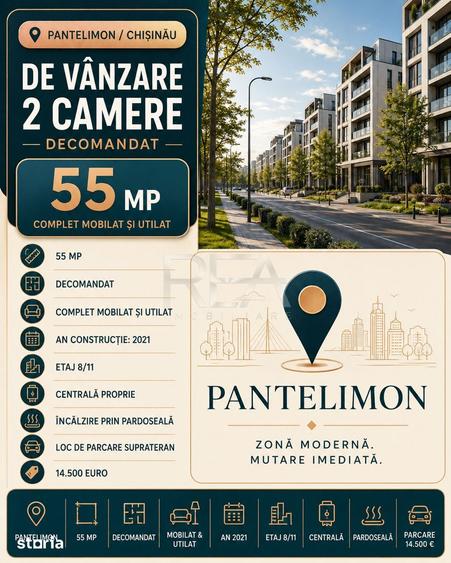 2 camere Pantelimon/Chisinau decomandat, centrala, an 2021, 55 mp - 3