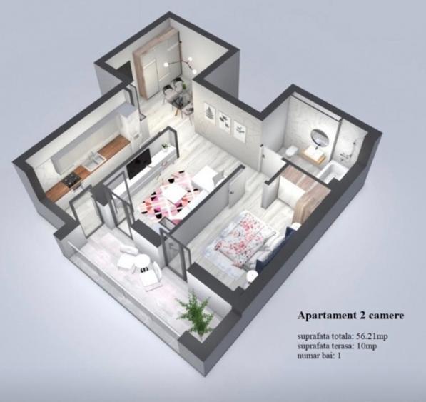 Apartament cu 2 camere semidecomandat, mobilat în Unirii