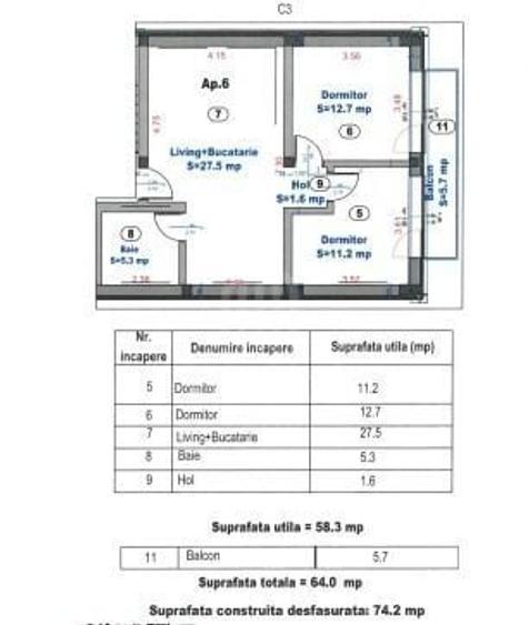 Apartament cu 3 camere în Turnișor