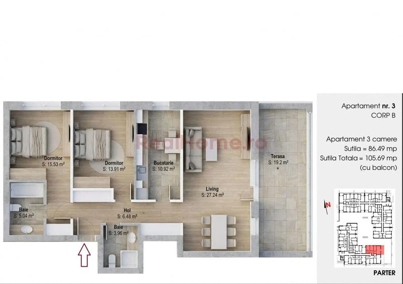 Apartament cu 3 camere decomandat în 1 Decembrie 1918