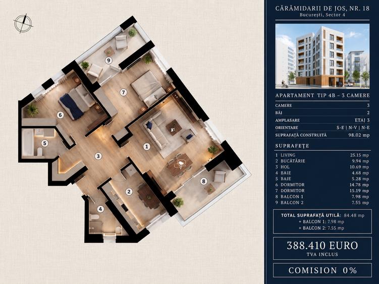 Apartament cu 3 camere decomandat în Tineretului
