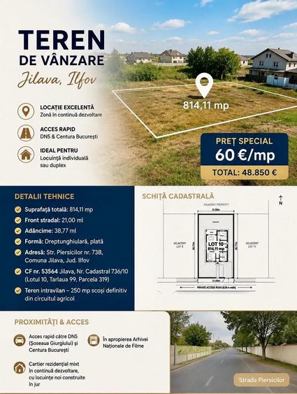 Teren Construcții intravilan de 814 mp, în Jilava