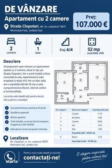 Apartament cu 2 camere decomandat în Central