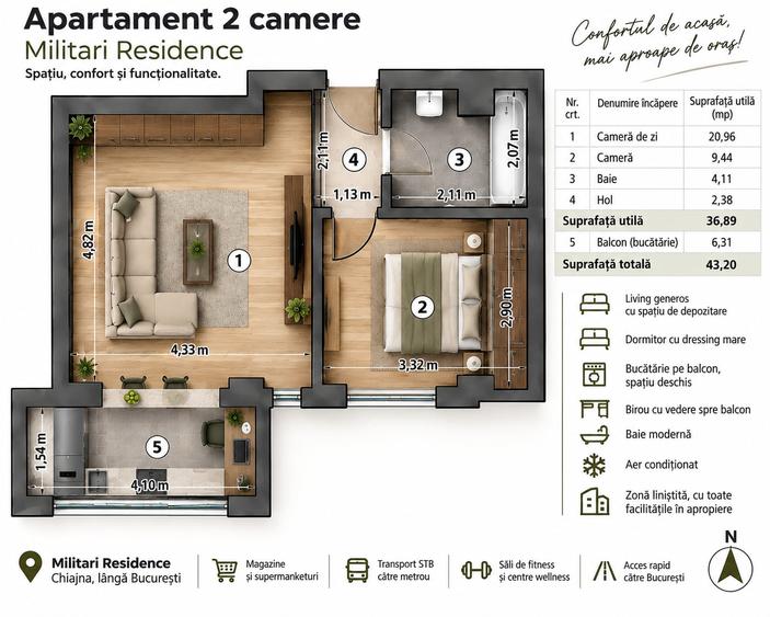 Ilfov Apartament 2 camere de inchiriat Militari Residence - 7