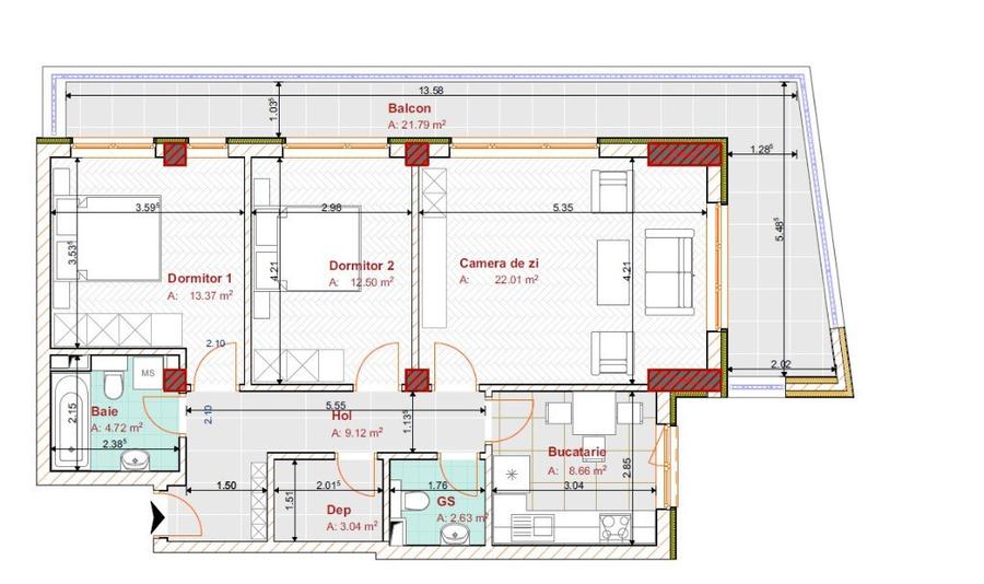 Apartament cu 3 camere decomandat în Tractorul