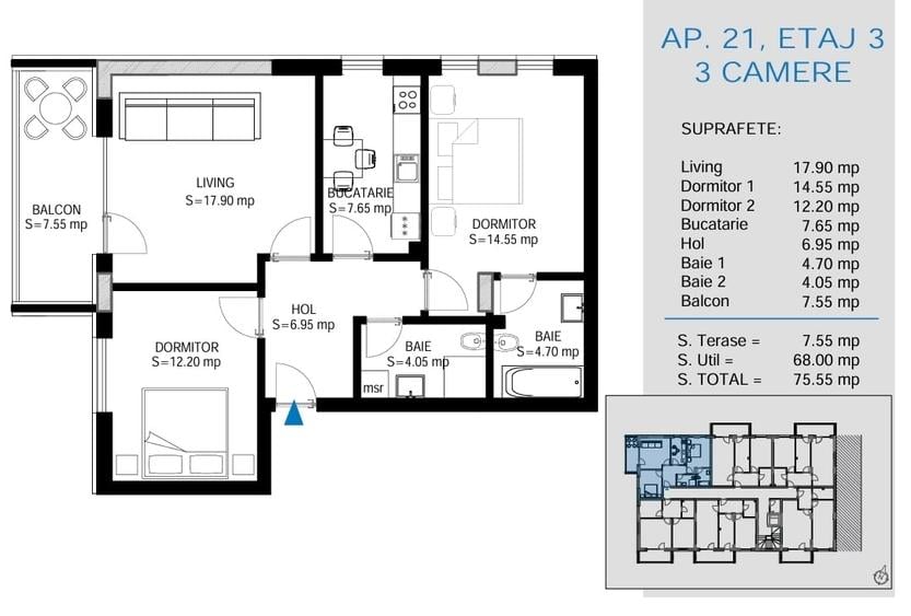 Apartament cu 3 camere decomandat în 1 Decembrie 1918