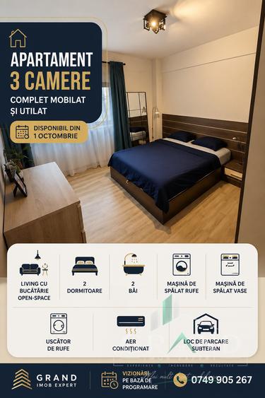 Apartament cu 3 camere semidecomandat, mobilat în Zorilor