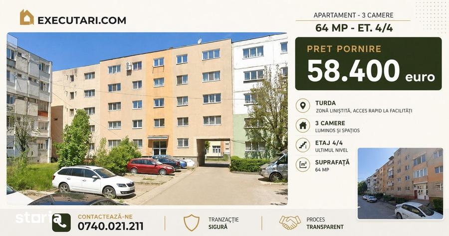 Apartament - 3 camere 64 mp - Et.4/4, Turda - 1