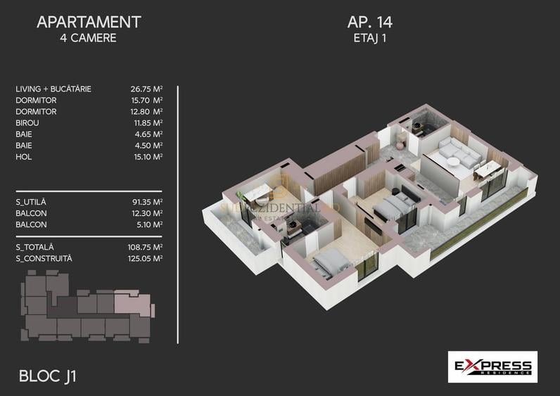 Apartament cu 4 camere semidecomandat în Metalurgiei