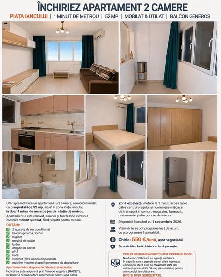 Inchiriez apartament 2 camere Piata Iancului | 52 mp | 1 minut de metrou - 1