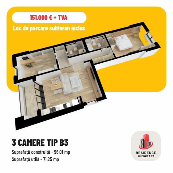 Apartament cu 3 camere semidecomandat în Ghencea