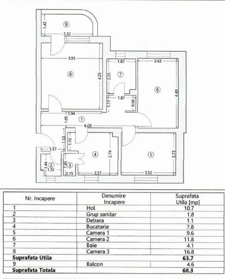 Apartament cu 3 camere decomandat în P-ța Ovidiu