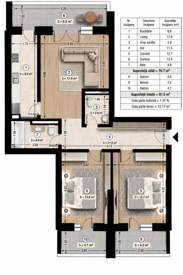 Apartament cu 3 camere decomandat, mobilat în Păcii
