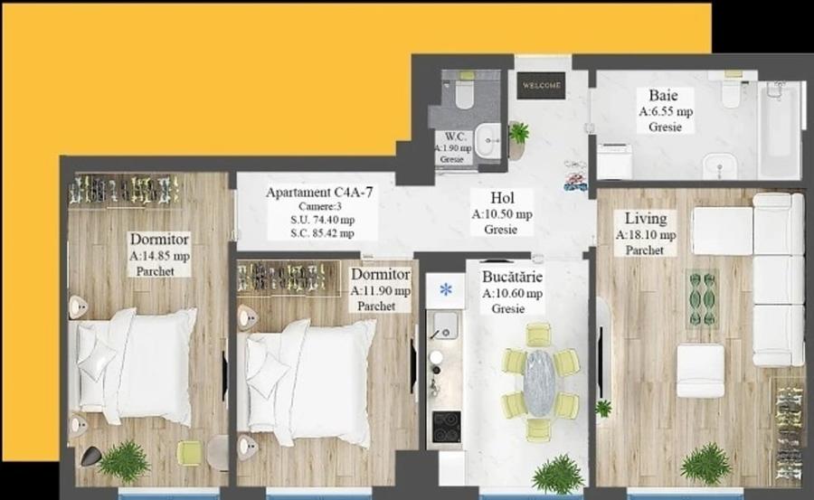 Apartament 3 camere decomandat, 2 bai, bloc NOU Frumoasa - Poitiers - 3