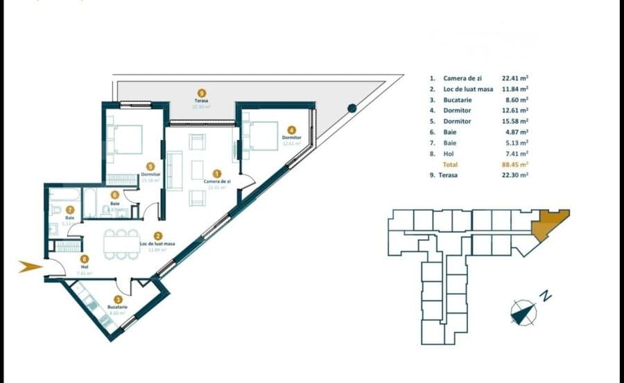 Apartament 3 camere, 88,2 mp, bloc nou cu CF, terasa, Intre Lacuri - 1