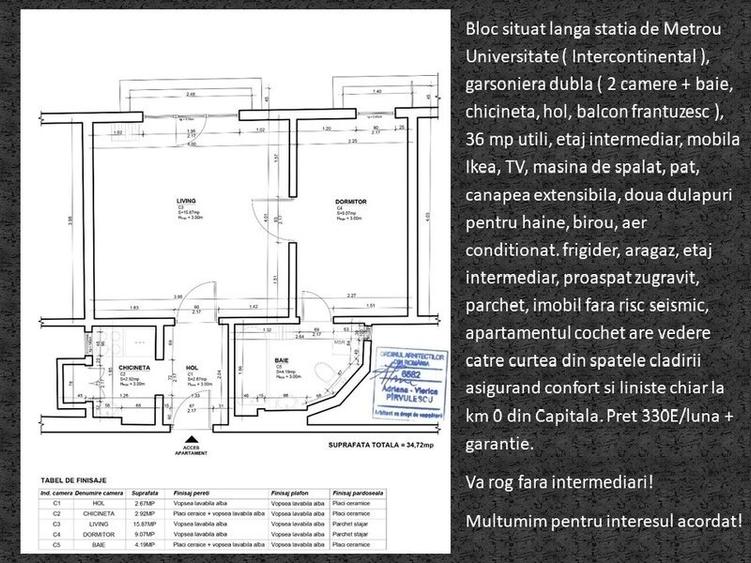 Universitate, metrou, garsoniera dubla - 2 camere,, centrala de bloc. - 11