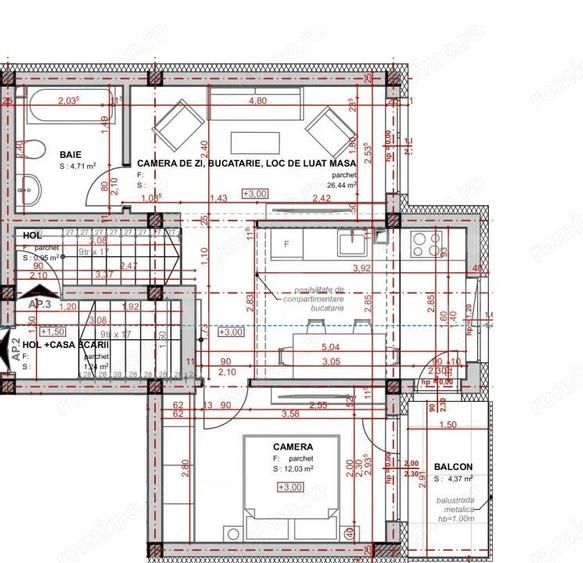 Apartament semifinisat, decomandat cu 2 camere, 44mp, in Apahida - 3