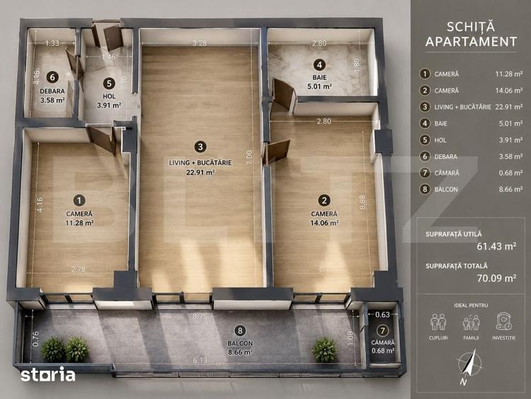 Apartament cu 3 camere în Florești