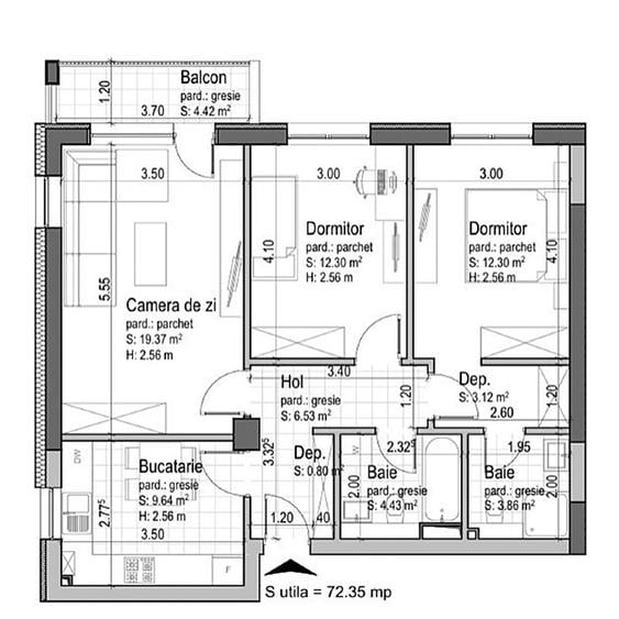 Apartament cu 3 camere decomandat în Tractorul